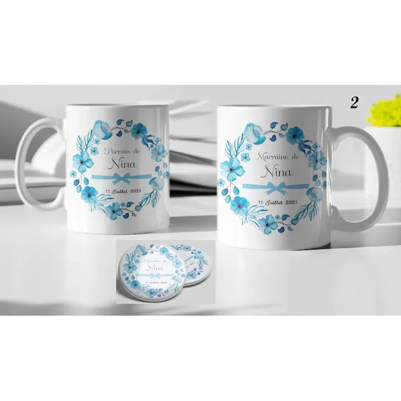 Kit de taza y chapa “El Padrino y la Madrina” (varios modelos)