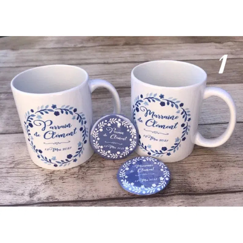 Kit de taza y chapa “El Padrino y la Madrina” (varios modelos)
