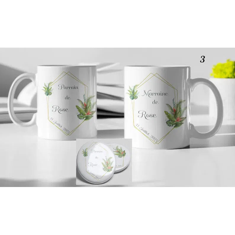 Kit de taza y chapa “El Padrino y la Madrina” (varios modelos)