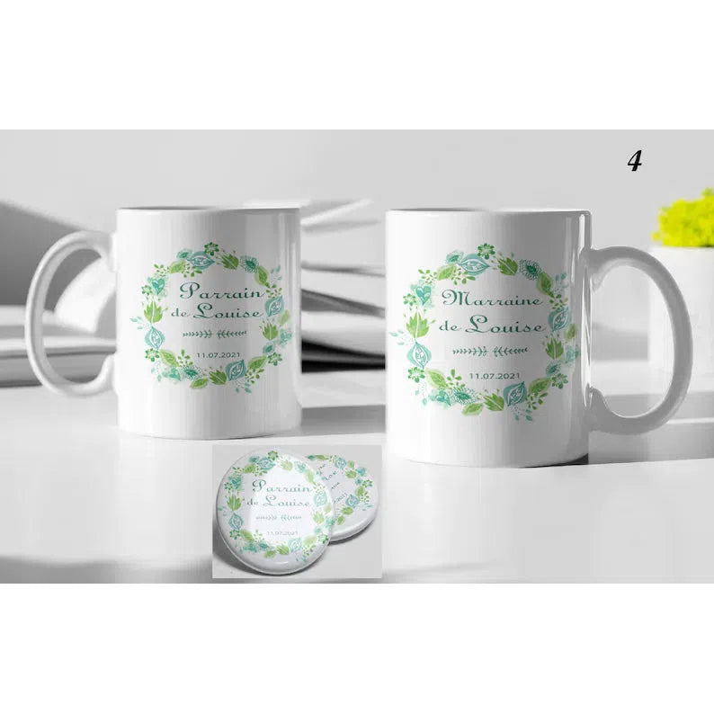 Kit de taza y chapa “El Padrino y la Madrina” (varios modelos)
