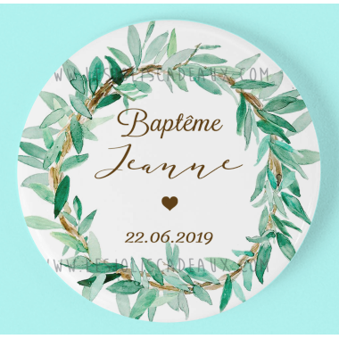 Badge Baptême "Couronne feuilles"