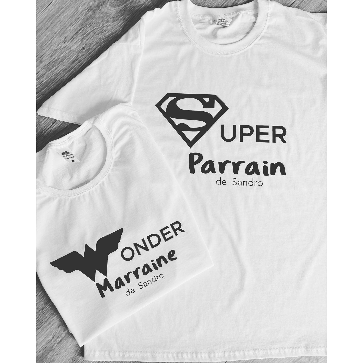 Duo de Tee-shirts "Super Parrain & Wonder Marraine"