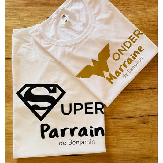 Duo de Tee-shirts "Super Parrain & Wonder Marraine"