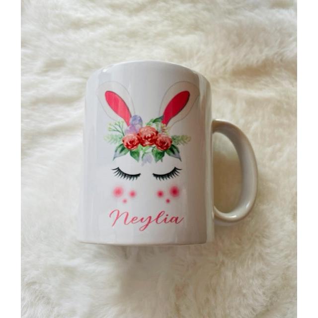 Mug Pâques " lapin couronne de fleurs "avec prénom