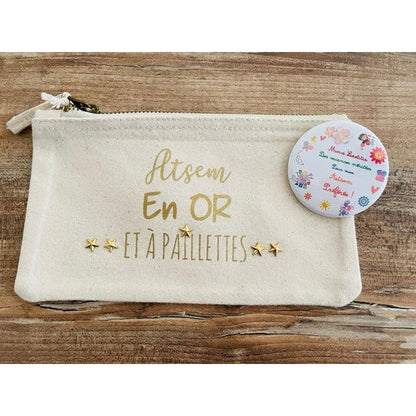 Pochette avec ou sans badge " En OR et à paillettes" Maîtresse, Atsem, Nounou