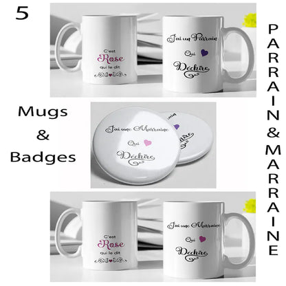 Kit Mug et Badge "Parrain & Marraine" (plusieurs modèles)